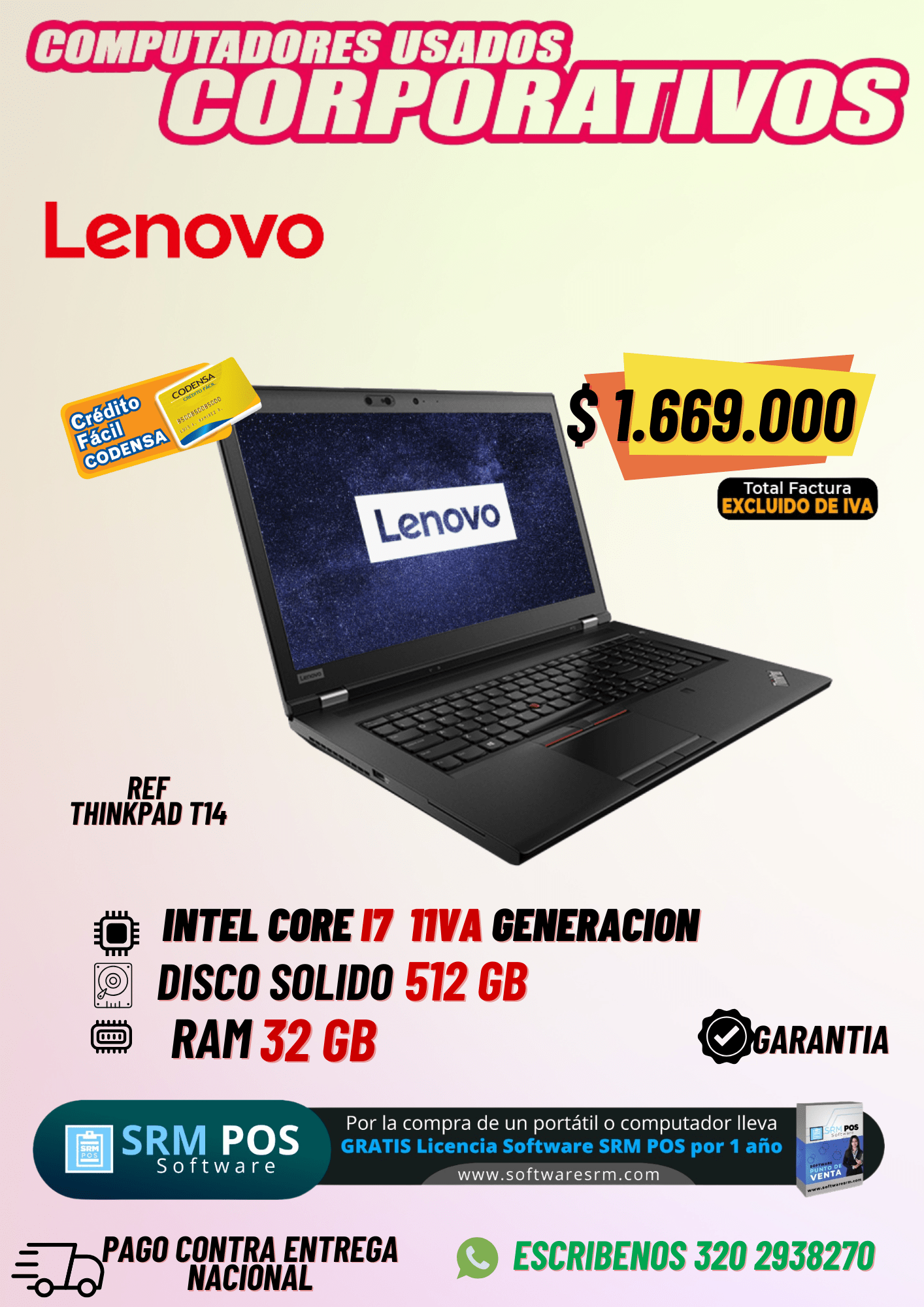 Lenovo ThinkPad T14 | Core i7 11ª Gen, 32GB RAM, 512GB SSD | Pago Contra Entrega
